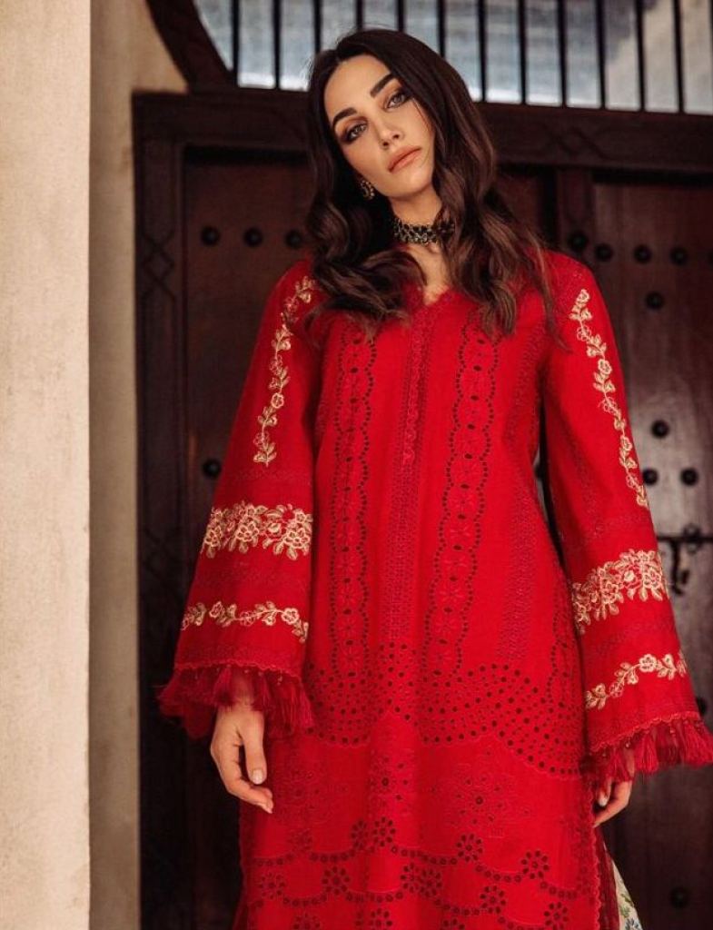 Heavy Cotton With Embroidery Work Pakistani Suit Red Color DN 152