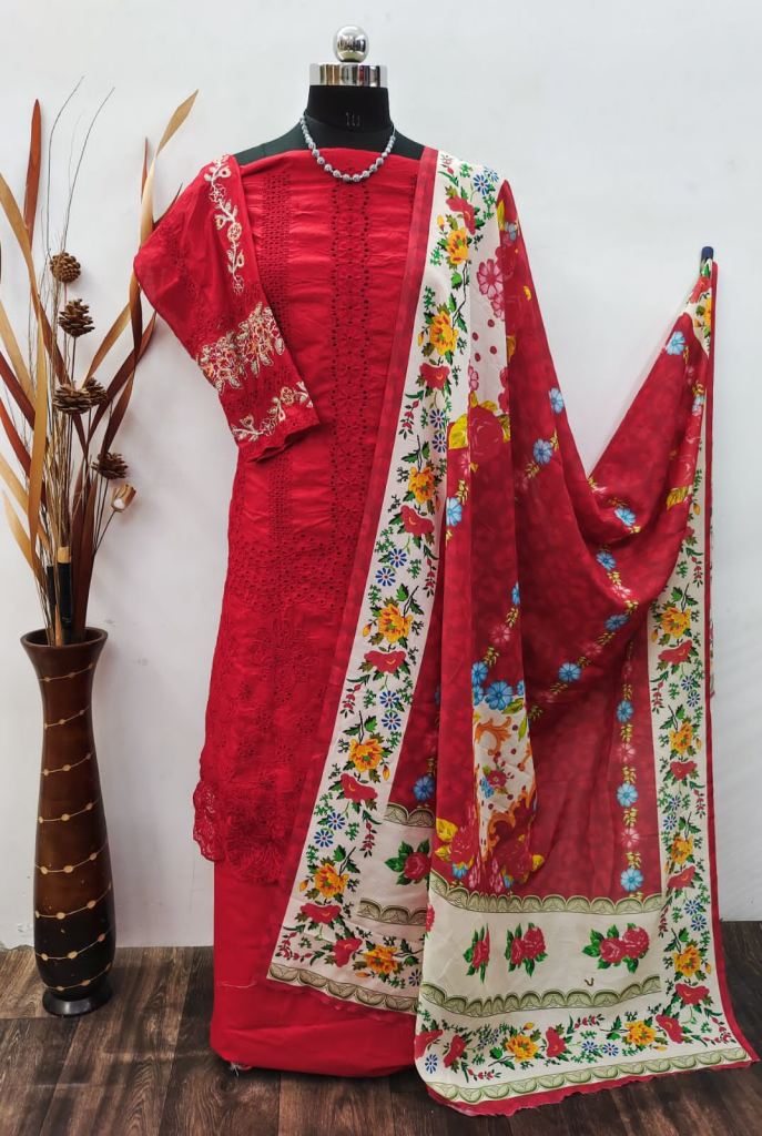 Heavy Cotton With Embroidery Work Pakistani Suit Red Color DN 152